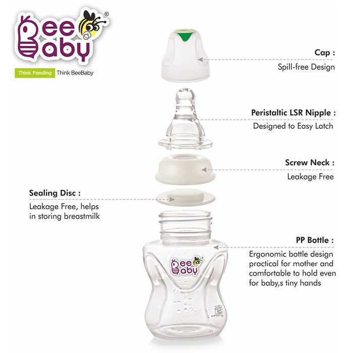 BeeBaby Comfort Slim Neck Baby Feeding Bottle with Slow Flow Anti-Colic Silicone Nipple. Infants 4 Months + (120ml Each) Green