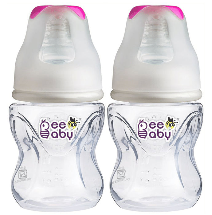 BeeBaby Comfort Slim Neck Baby Feeding Bottle with Slow Flow Anti-Colic Silicone Nipple. Infants 4 Months + (120ml Each) Pink - Classic Derma