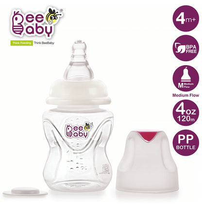 BeeBaby Comfort Slim Neck Baby Feeding Bottle with Slow Flow Anti-Colic Silicone Nipple. Infants 4 Months + (120ml Each) Pink