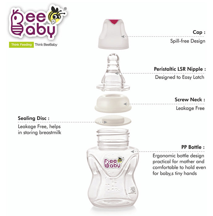 BeeBaby Comfort Slim Neck Baby Feeding Bottle with Slow Flow Anti-Colic Silicone Nipple. Infants 4 Months + (120ml Each) Pink