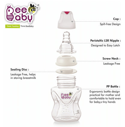 BeeBaby Comfort Slim Neck Baby Feeding Bottle with Slow Flow Anti-Colic Silicone Nipple. Infants 4 Months + (120ml Each) Pink
