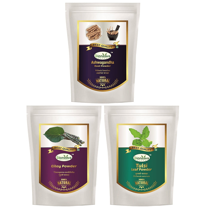 Bioneeva Herbs Combo Pack of Ashwagandha Root Powder, Giloy Powder & Tulsi Leaf Powder (100gm Each) - Classic Derma