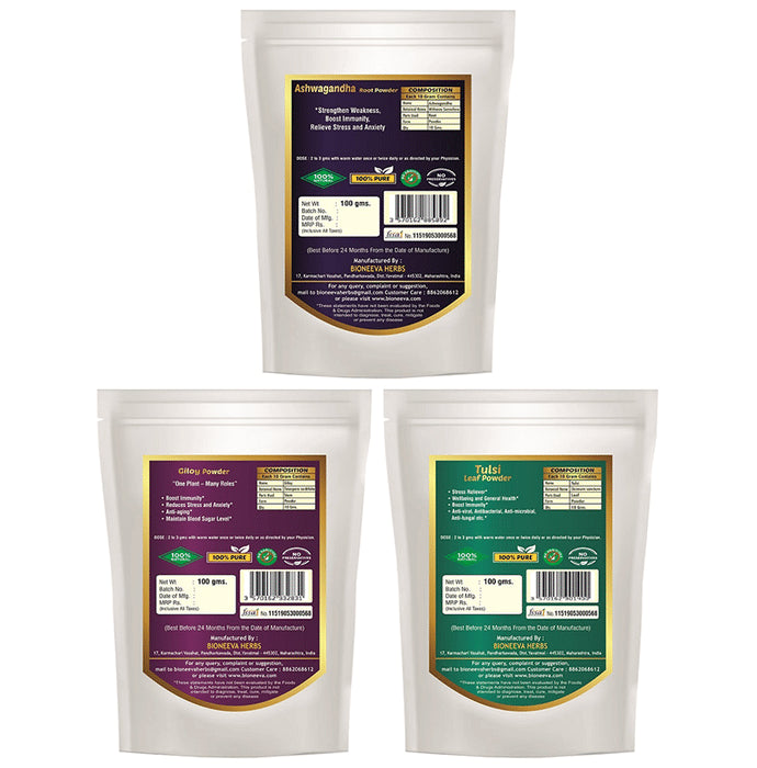 Bioneeva Herbs Combo Pack of Ashwagandha Root Powder, Giloy Powder & Tulsi Leaf Powder (100gm Each)