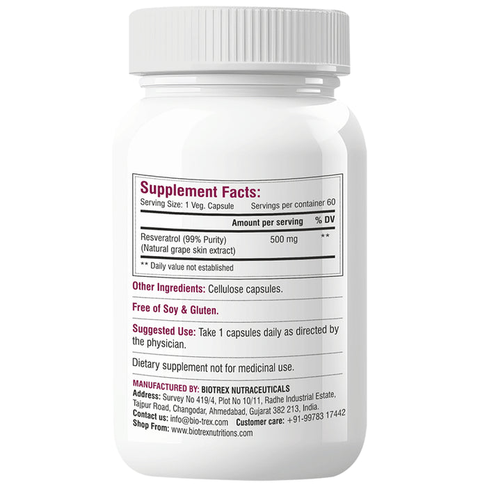 Biotrex Resveratrol 500mg for Heart Health, Anti-Ageing Support & Blood Sugar Balance | Capsule