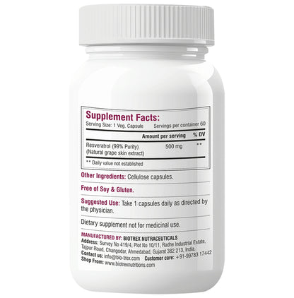 Biotrex Resveratrol 500mg for Heart Health, Anti-Ageing Support & Blood Sugar Balance | Capsule