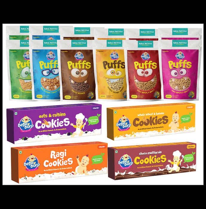 Bebe Burp Family Combo of 4 Cookies (100gm Each) and 12 Healthy Puff (30gm Each) - Classic Derma