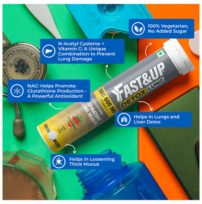 Fast&Up Detox Lung | With NAC 600mg & Vitamin C for Lung & Respiratory Support | Flavour Effervescent Tablet Strawberry