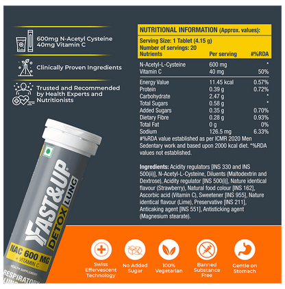 Fast&Up Detox Lung | With NAC 600mg & Vitamin C for Lung & Respiratory Support | Flavour Effervescent Tablet Strawberry