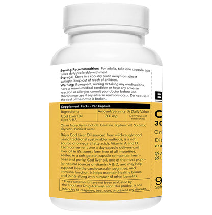 Briyo Cod Liver Oil Omega-3 Fatty Acids with Vitamin A & D