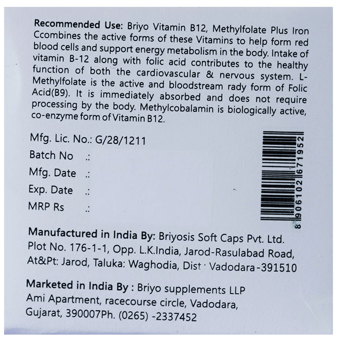 Briyo Min B12-Biactive Vitamin B12 , Folate (as methylfolate) with Iron Capsule