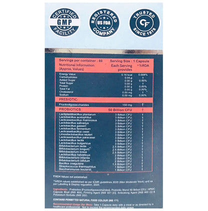Carbamide Forte Probiotics 50 Billion CFU with 20 Prebiotics Strains | Capsule for Digestion, Gut Health & Immunity