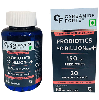Carbamide Forte Probiotics 50 Billion CFU with 20 Prebiotics Strains | Capsule for Digestion, Gut Health & Immunity