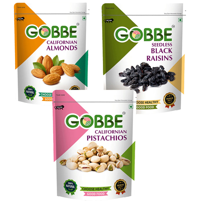 Combo Pack of Gobbe Californian Almonds, Seedless Black Raisins, Californian Pistachios (200gm Each) - Classic Derma