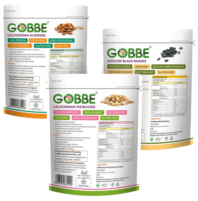 Combo Pack of Gobbe Californian Almonds, Seedless Black Raisins, Californian Pistachios (200gm Each)