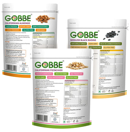 Combo Pack of Gobbe Californian Almonds, Seedless Black Raisins, Californian Pistachios (200gm Each)