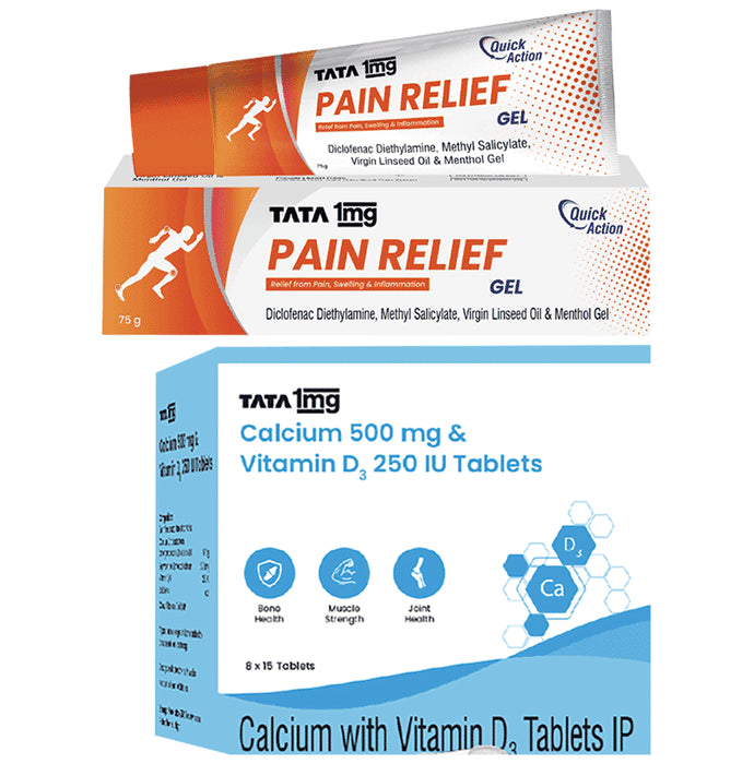 Combo Pack of Tata 1mg Calcium 500mg & Vitamin D3 250IU Tablet (15) & Tata 1mg Pain Relief Gel (75gm) - Classic Derma