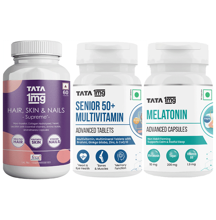 Combo Pack of Tata 1mg Hair, Skin & Nails Supreme Capsule (60), Senior 50+ Multivitamin Advanced Tablets (60) & Melatonin Advanced Capsule (30) - Classic Derma