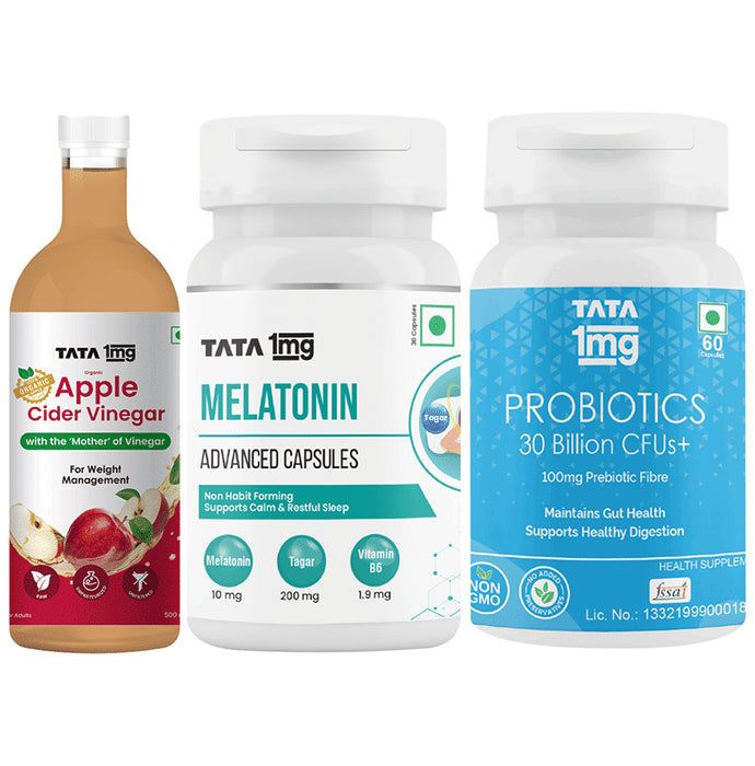 Combo Pack of Tata 1mg Melatonin 10 mg Advance Capsule (30),Probiotics 30 Billion CFUs+ Capsule (60) & Organic Apple Cider Vinegar (500ml) - Classic Derma