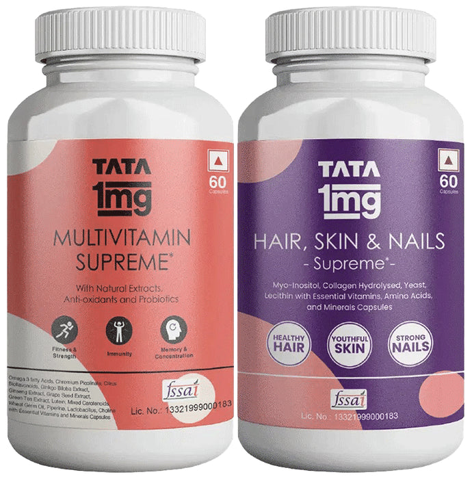 Combo Pack of Tata 1mg Multivitamin Supreme Capsule (60) & Hair, Skin & Nails Supreme Capsule (60) - Classic Derma