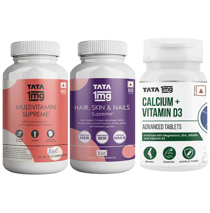 Combo Pack of Tata 1mg Multivitamin Supreme Capsule (60),Calcium+Vitamin D3 Advance Tablet (60) & Hair, Skin & Nails Supreme Biotin Capsule (60) - Classic Derma