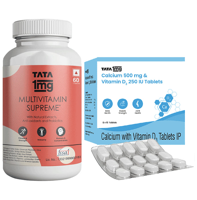 Combo Pack of Tata 1mg Multivitamin Supreme, Zinc, Calcium and Vitamin D Capsule (60) & Tata 1mg Calcium 500mg & Vitamin D3 250IU Tablet (15) - Classic Derma