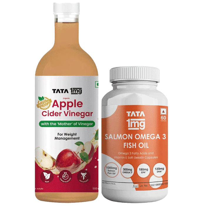 Combo Pack of Tata 1mg Salmon Omega 3 Fish Oil Capsule (60) & Organic Apple Cider Vinegar (500ml) - Classic Derma