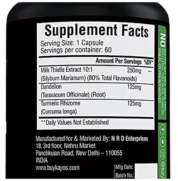 Kayos Naturals Milk Thistle with Dandelion 500mg Capsule