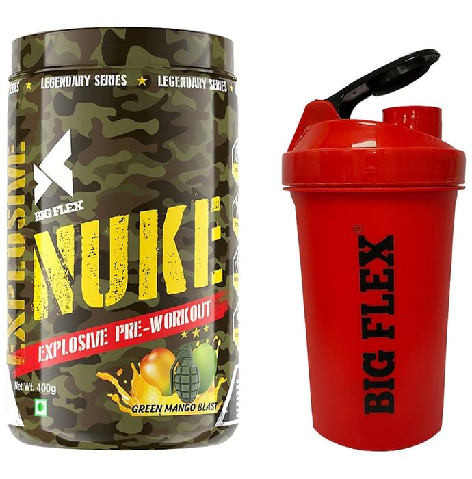 Big Flex Nuke Explosive Pre-Workout with 700ml Shaker Free Green Mango Blast - Classic Derma