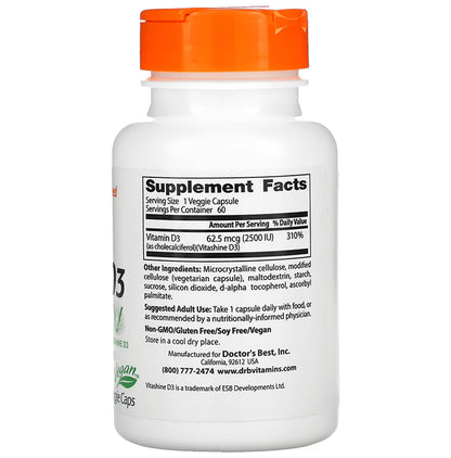 Doctor's Best Vegan D3 2500IU Veggie Caps | Plant-Sourced Vitamin D