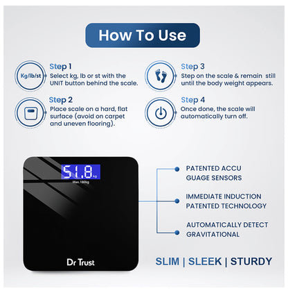 Dr Trust USA Electronic Zen Rechargeable Digital Personal Weighing Scale with Temperature Display Black