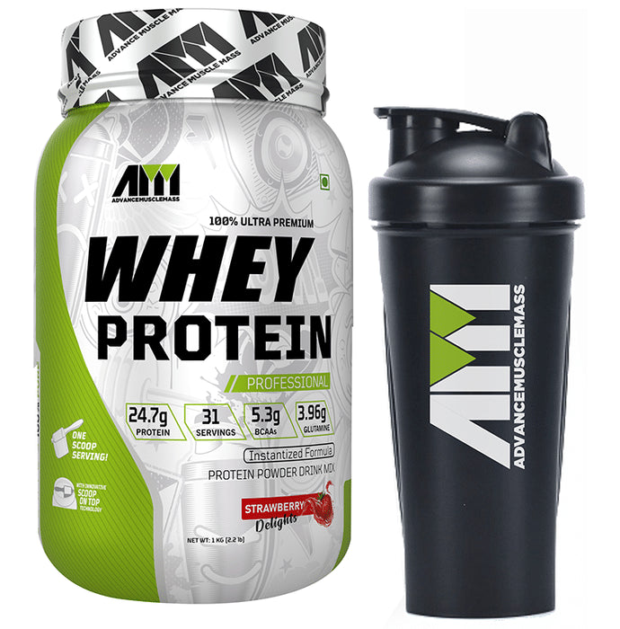 Advance MuscleMass 100% Ultra Premium Whey Protein Powder Strawberry Delight with Shaker 700ml - Classic Derma