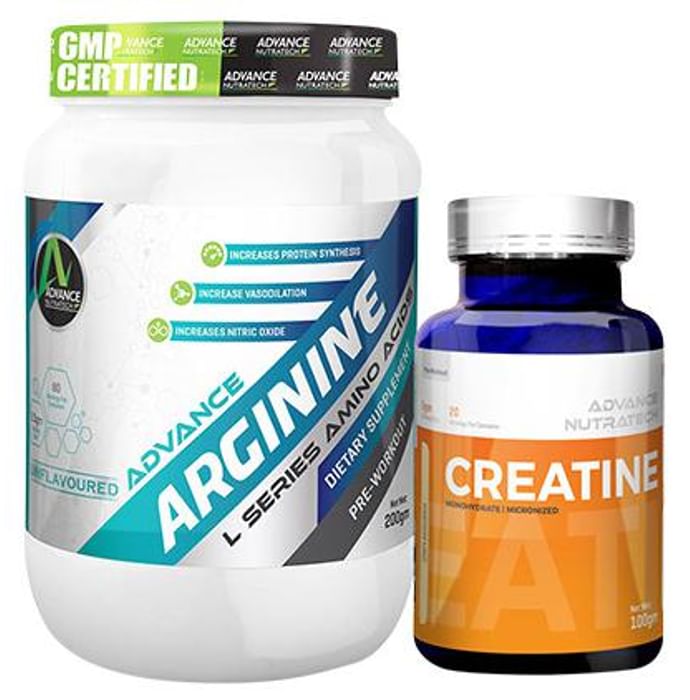 Advance Nutratech Combo of Arginine Aminos Pre-Workout 200gm Unflavoured Raw Powder and Creatine Monohydrate Unflavored 100gm - Classic Derma