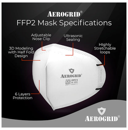 Aerogrid FFP2 BIS Certified 5 Layer N95 Mask White with Adjustable Black Head Loop