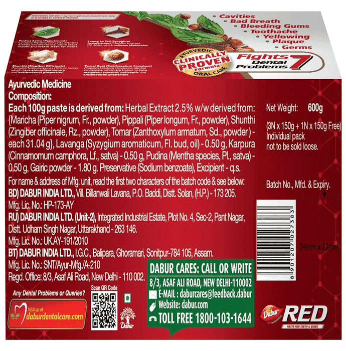 Dabur Red Toothpaste for Complete Oral Care | Fluoride-Free | Buy 3 Get 1 Free 150gm Each