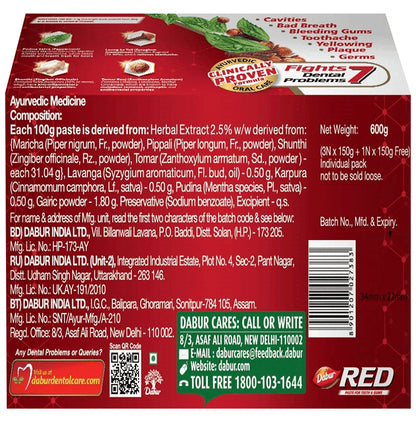 Dabur Red Toothpaste for Complete Oral Care | Fluoride-Free | Buy 3 Get 1 Free 150gm Each