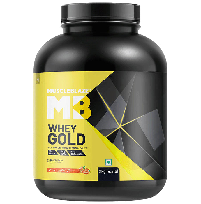 MuscleBlaze Whey Gold 100% Whey Protein Isolate | With Digestive Enzymes | Powder for Muscle Synthesis | Flavour Powder Strawberry Shake - Classic Derma