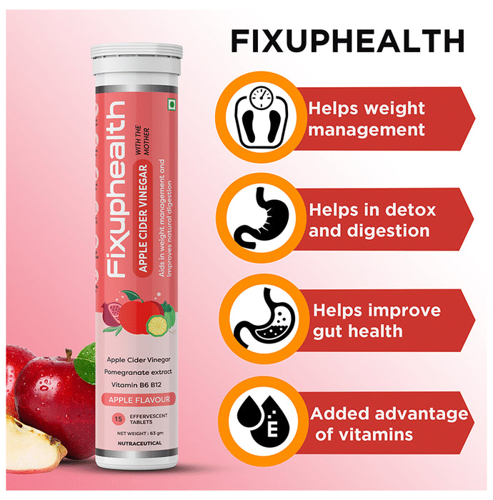 Fixuphealth Apple Cider Vinegar Effervescent Tablet with the Mother (15 Each) Apple