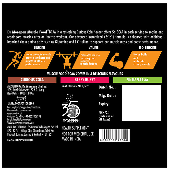 Dr. Morepen Muscle Food BCCA for Lean Muscles, Performance & Strength | Flavour Curious Cola