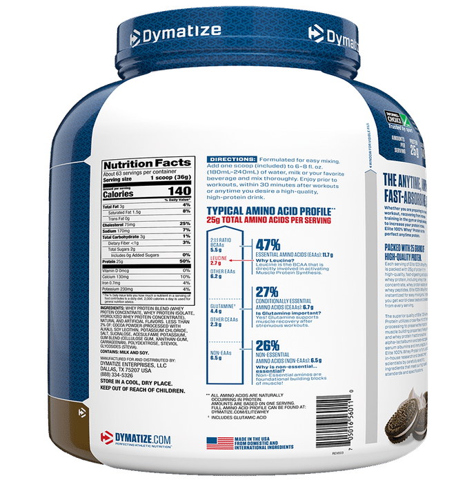Dymatize Nutrition Elite 100% Whey Protein | With BCAAs & Leucine | For Muscle Recovery | Powder Cookies and Cream