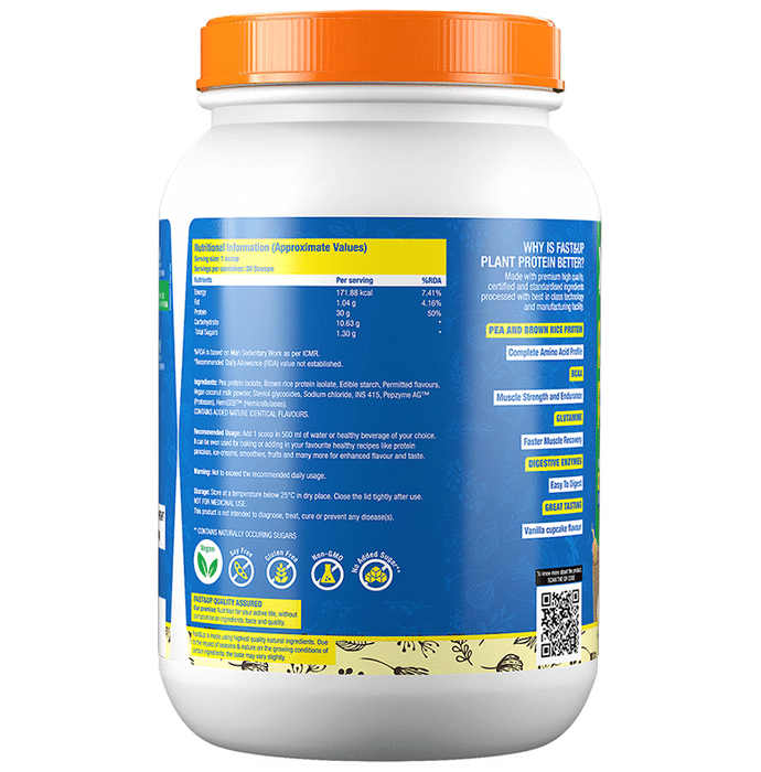 Fast&Up Plant Protein Isolate with Digestive Enzymes, 6g BCAA & 6g Glutamine | No Added Sugar | Flavour Vanilla Cupcake