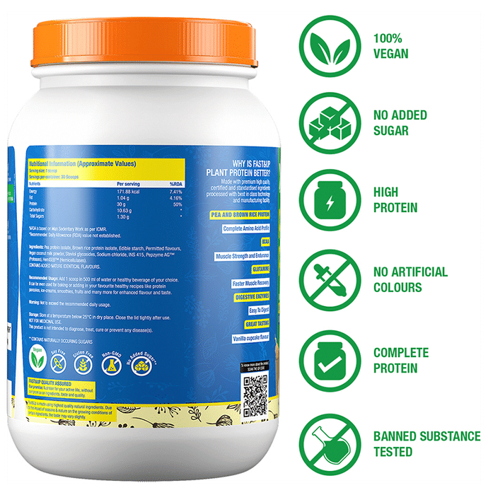 Fast&Up Plant Protein Isolate with Digestive Enzymes, 6g BCAA & 6g Glutamine | No Added Sugar | Flavour Vanilla Cupcake
