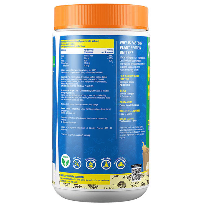 Fast&Up Plant Protein Isolate with Digestive Enzymes, 6g BCAA & 6g Glutamine | No Added Sugar | Flavour Vanilla Cupcake
