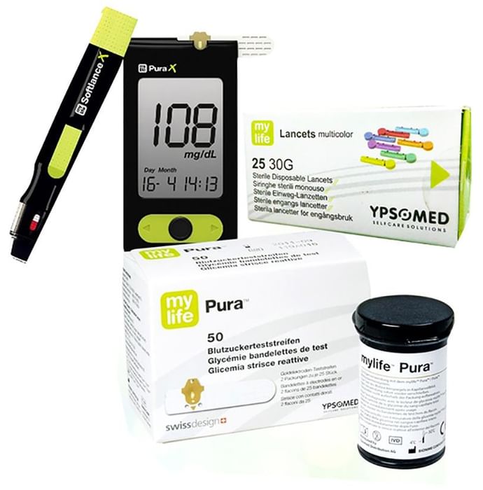 MyLife Combo of Pura X Glucometer, 50 Test Strips and 25 Multicolor Lancets - Classic Derma