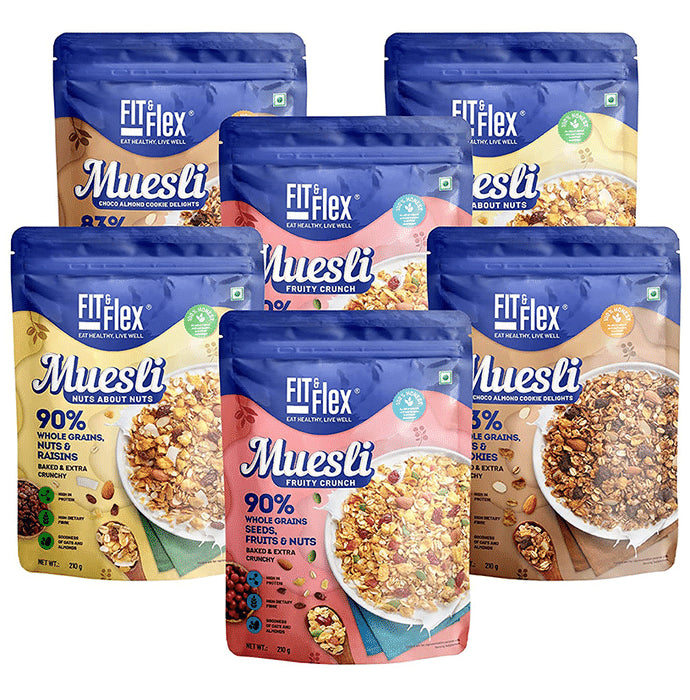 Fit & Flex Combo Pack of Muesli Fruity Crunch, Nuts About Nuts & Choco Almond Cookie Delight (210gm Each) - Classic Derma