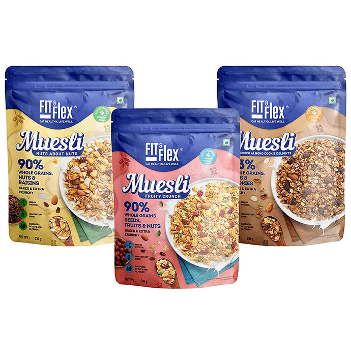 Fit & Flex Combo Pack of Muesli Fruity Crunch, Nuts About Nuts & Choco Almond Cookie Delight (210gm Each) - Classic Derma