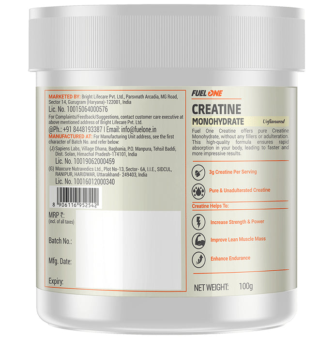 Fuel One Creatine Monohydrate Micronized & Instantized Formula, Boosts Athletic Performance & Pumps Muscles Powder Unflavored