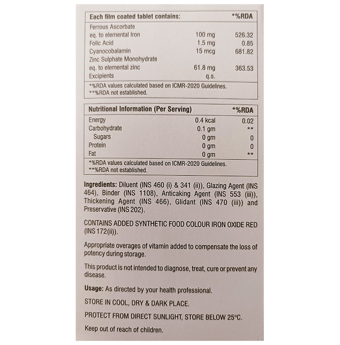 Genericart Ferrous Ascorbate,Folic Acid,Cyanocobalamin & Zinc Sulphate Tablet
