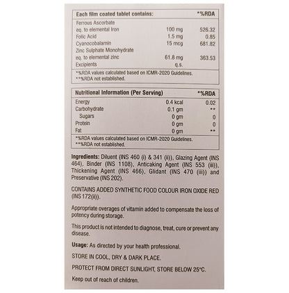 Genericart Ferrous Ascorbate,Folic Acid,Cyanocobalamin & Zinc Sulphate Tablet