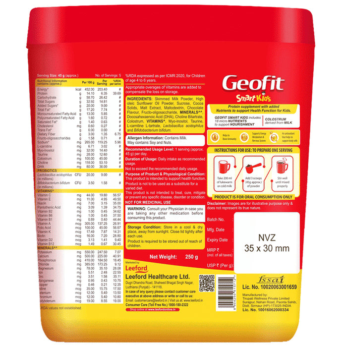 Geofit Kids Protein Powder with DHA,Vitamins & Minerals | Flavour Chocolate
