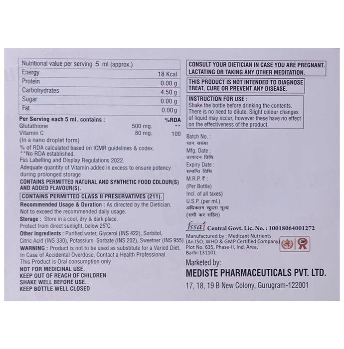 Glucy Shot Glutathione with Vitamin C Oral Solution Sugar Free